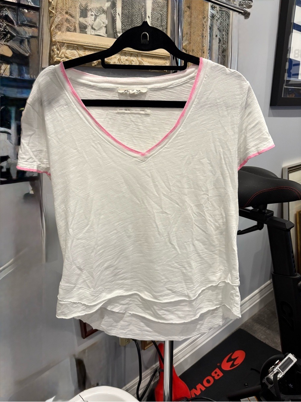 CHRLDR White V-Neck Short Sleeve Tee with Pink Trim XS